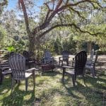 Outdoor seating area underneath shade trees