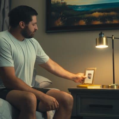 Man sitting on the edge of his bed at a sober living facility in Alabama looking at a photo.