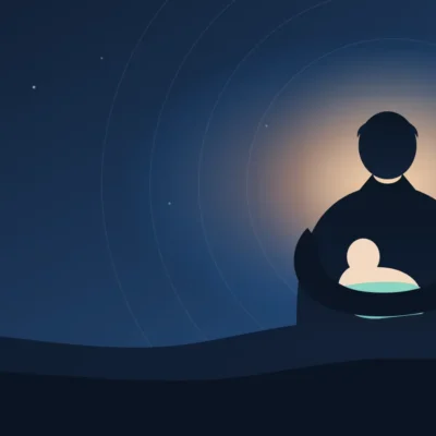 Illustration of a parent cradling a newborn at dawn, symbolizing hope and recovery from postpartum depression with treatment at Recover Now