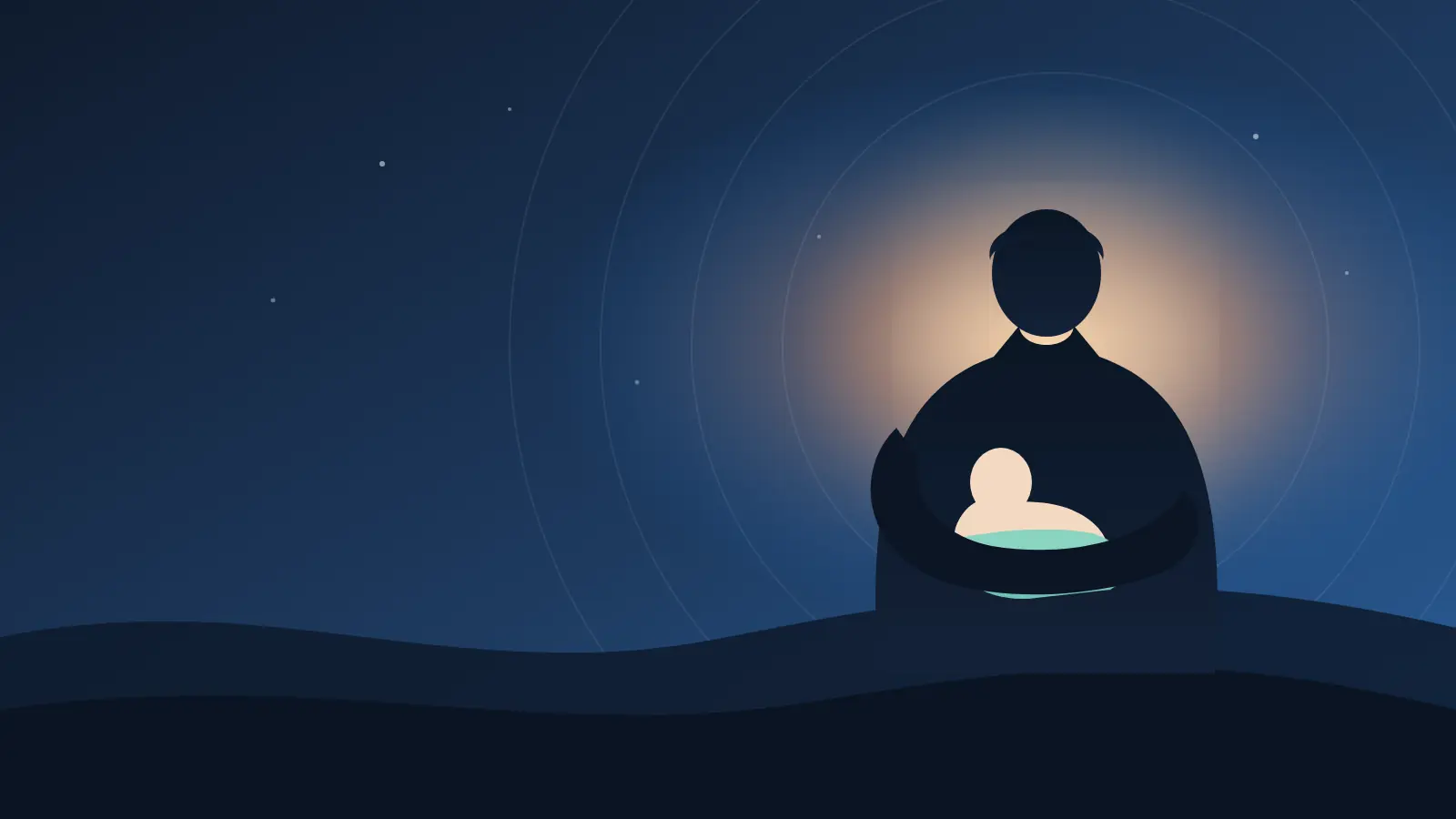Illustration of a parent cradling a newborn at dawn, symbolizing hope and recovery from postpartum depression with treatment at Recover Now