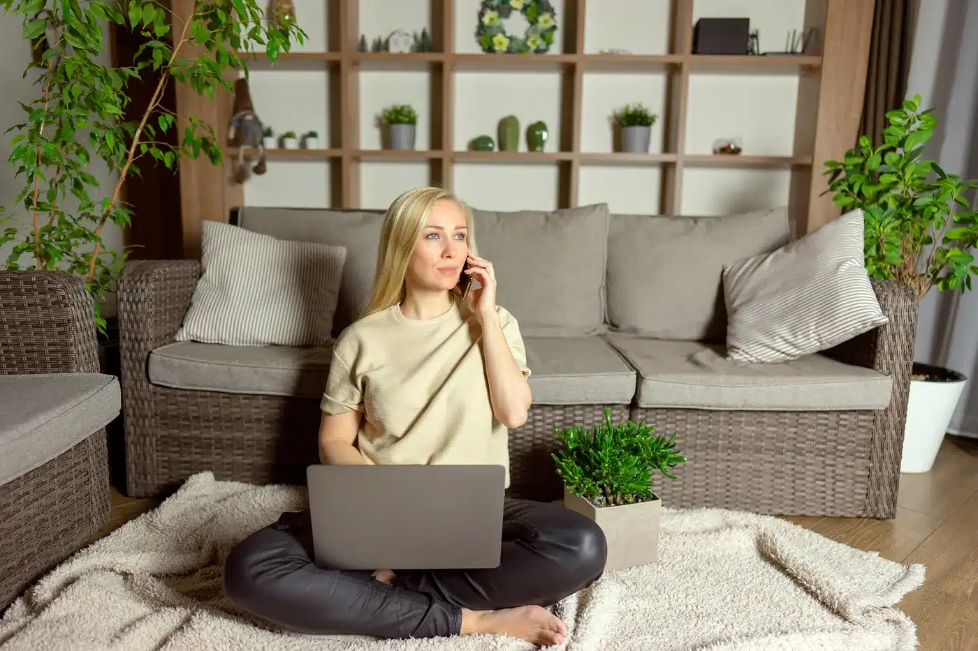Woman on a phone call verifying her insurance from home
